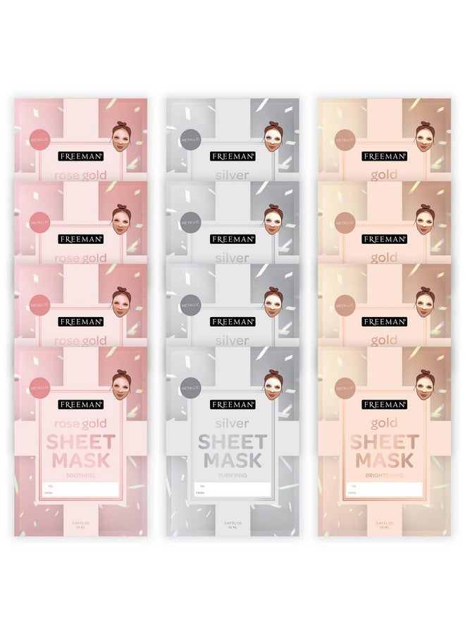 Freeman Limited Edition Christmas Metallic Sheet Masks, Variety 12 Pack, Luminizing Gold, Purifying Silver, Soothing Rose Gold, Perfect for Wife, Spouse, Girlfriend, or Daughter - Image 1