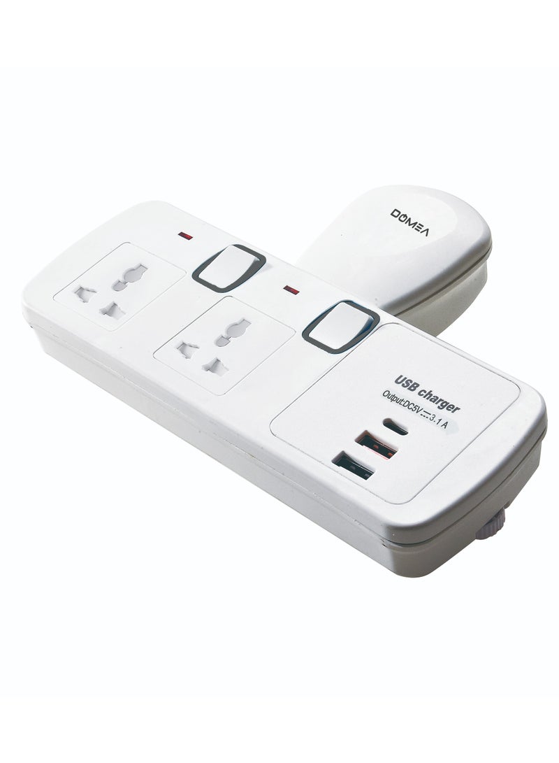 DOMEA محول تمديد متعدد المقابس مع 2 مقبس عالمي، 2 منفذ USB ومنفذ واحد من النوع C، محول من نوع المقبس، فتيل أمان، مفاتيح فردية - Image 1