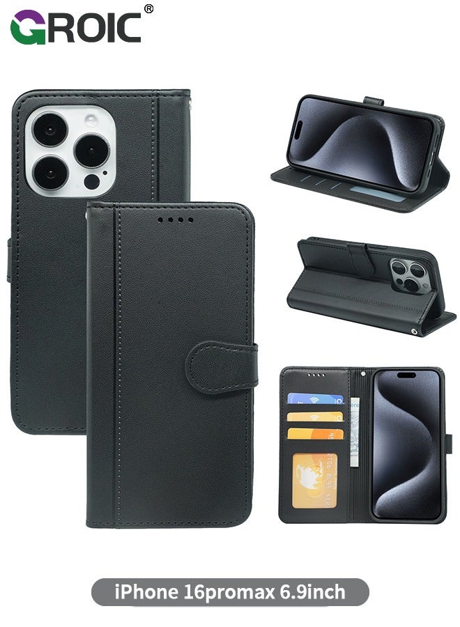 GROIC حقيبة هاتف متوافقة مع آيفون 16 برو ماكس مع حامل بطاقة ائتمان، Flip جلد مغناطيسي مزود بحامل قوي لحماية آيفون 16 برو ماكس - Image 1