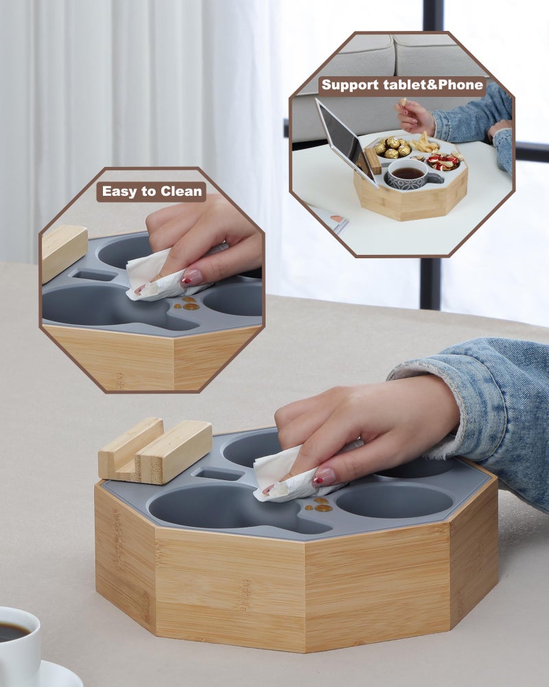 Hitseon Couch Cup Holder Tray  Hitseon Octagonal Silicone Bamboo Sofa Cup Holder With Rotatable Phone Holder For Bed Sofa Organizer  Waterproof Anti-Spill Couch Caddy For Snacks Beverage Remote (Gray) - Image 4