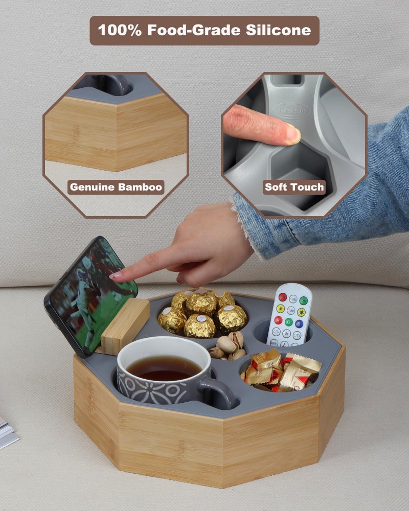 Hitseon Couch Cup Holder Tray  Hitseon Octagonal Silicone Bamboo Sofa Cup Holder With Rotatable Phone Holder For Bed Sofa Organizer  Waterproof Anti-Spill Couch Caddy For Snacks Beverage Remote (Gray) - Image 3