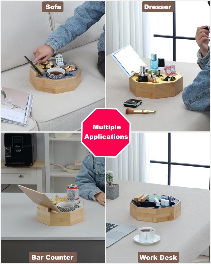 Hitseon Couch Cup Holder Tray  Hitseon Octagonal Silicone Bamboo Sofa Cup Holder With Rotatable Phone Holder For Bed Sofa Organizer  Waterproof Anti-Spill Couch Caddy For Snacks Beverage Remote (Gray) - Image 5