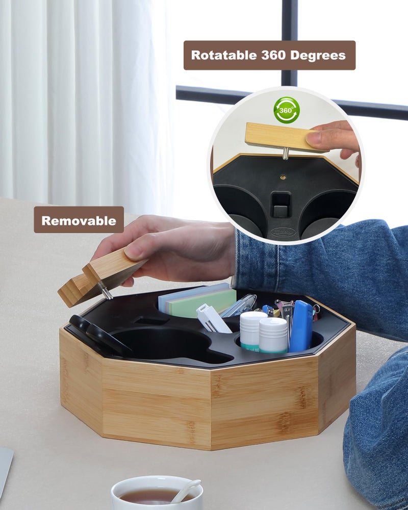 Hitseon Couch Cup Holder Tray  Hitseon Octagonal Silicone Bamboo Sofa Cup Holder With Rotatable Phone Holder For Bed Sofa Organizer  Waterproof Anti-Spill Couch Caddy For Snacks Beverage Remote (Gray) - Image 2