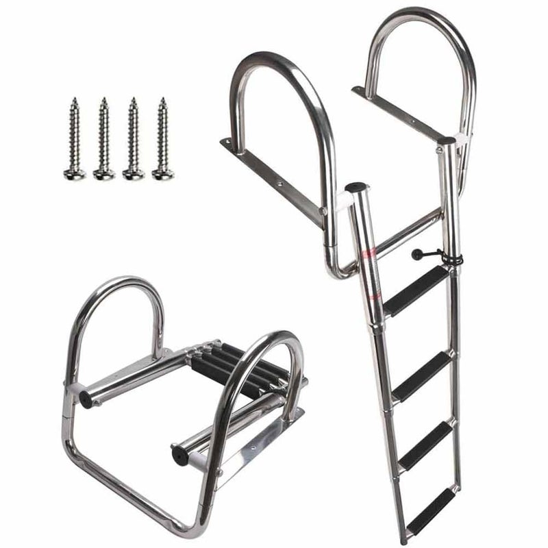 COCLF 4 Steps Pontoon Boat Ladder Stainless Steel Folding Telescoping Rear Entry Inboard Ladder Heavy Duty Custom Swim Deck Ladder with More Wider Pedal and Handrails