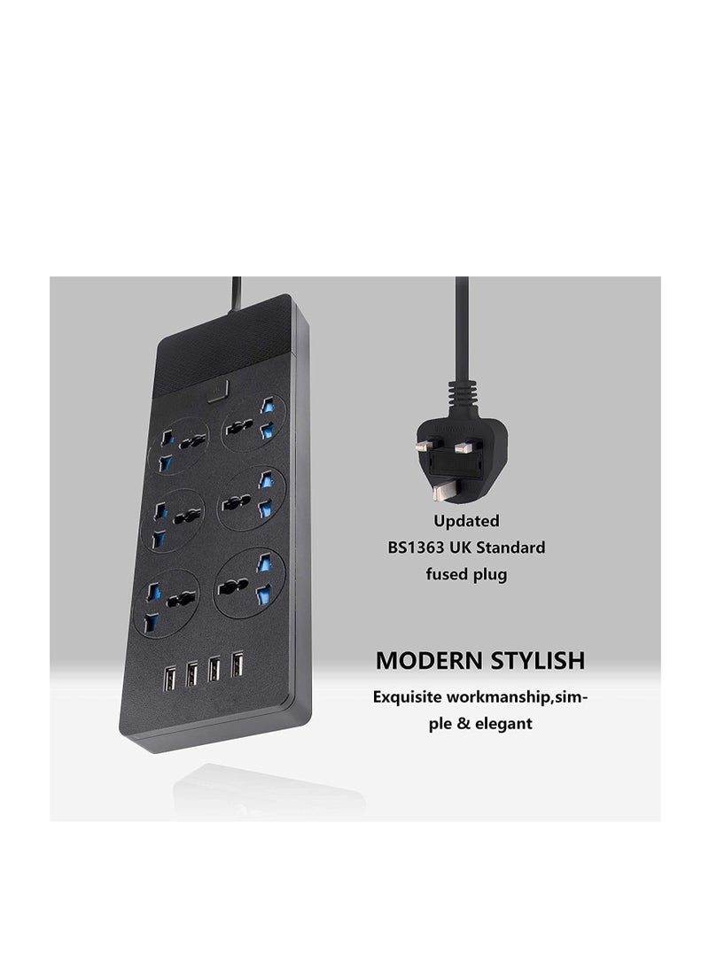 GreenTree Universal Power Strips Extension Lead Outlets,All in one Wall Plug Adapter with 4 (3.1A) USB Hub & 6 Gang Smart Electrical Sockets,Surge Protection UK Plug Cable Cord for Home Office（2M/6.5FT）  - Image 1