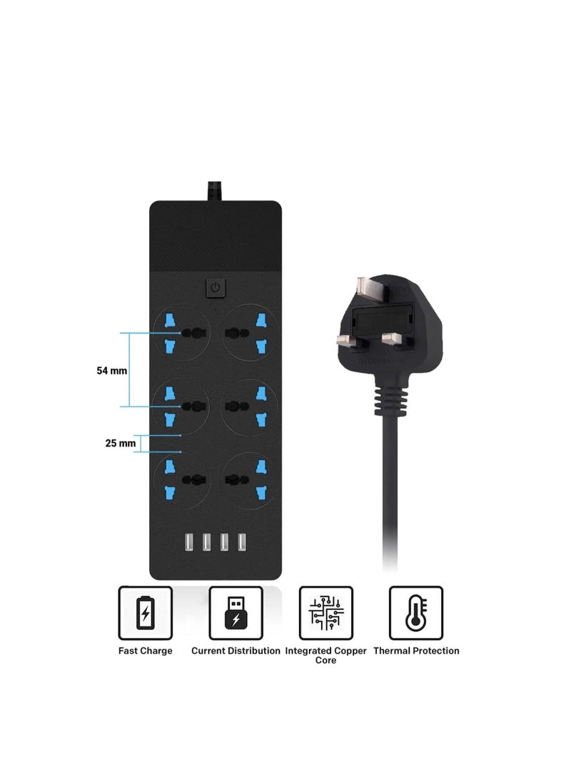 GreenTree Universal Power Strips Extension Lead Outlets,All in one Wall Plug Adapter with 4 (3.1A) USB Hub & 6 Gang Smart Electrical Sockets,Surge Protection UK Plug Cable Cord for Home Office（2M/6.5FT）  - Image 4