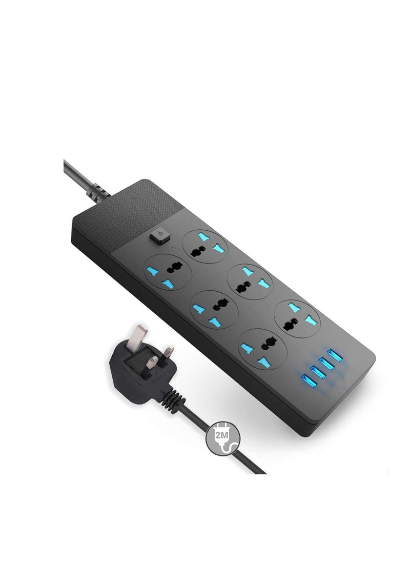 GreenTree Universal Power Strips Extension Lead Outlets,All in one Wall Plug Adapter with 4 (3.1A) USB Hub & 6 Gang Smart Electrical Sockets,Surge Protection UK Plug Cable Cord for Home Office（2M/6.5FT）  - Image 2