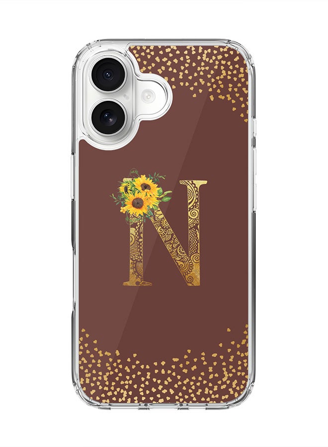 Stylizedd Classic Clear MagSafe Case for iPhone 17 , Hybrid Soft Case Flexible Edges Anti Drop TPU PC Gel Thin Transparent Cover [ Designed for iPhone 17 ] - Custom Monogram Initial Letter Floral Pattern Alphabet - N  (Brown )