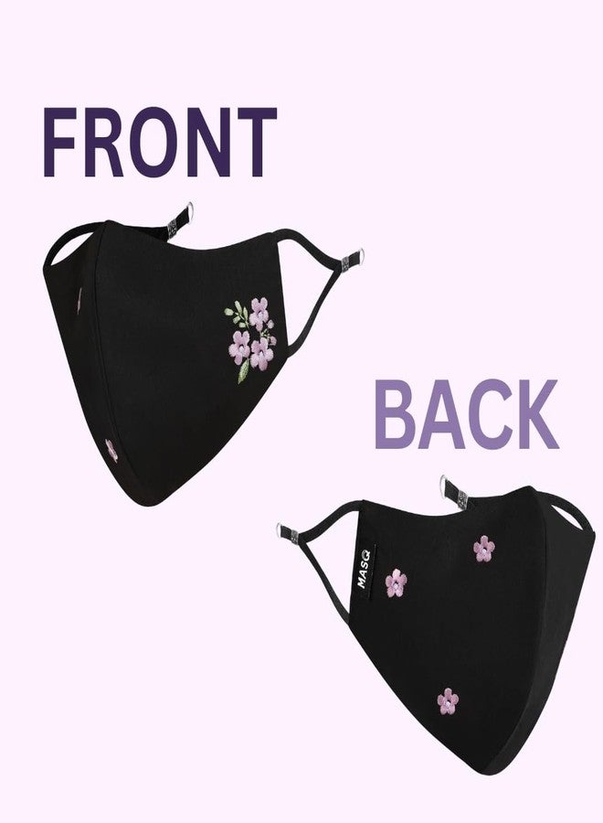 MASQ By Q-One Floral 4 Layer, Anti-Pollution Reusable, with Ear Adjusters,(BFE>99%) Embroidered Cotton Cloth Face Mask Combo for Women, Girls (,Black,Pack of 3) - Image 2
