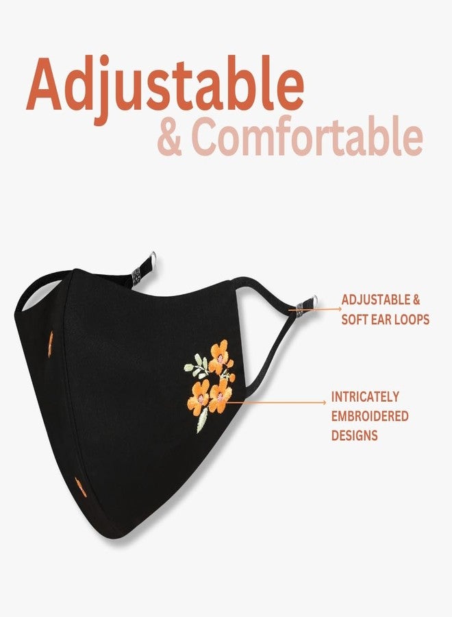 MASQ By Q-One Floral 4 Layer, Anti-Pollution Reusable, with Ear Adjusters,(BFE>99%) Embroidered Cotton Cloth Face Mask Combo for Women, Girls (,Black,Pack of 3) - Image 3