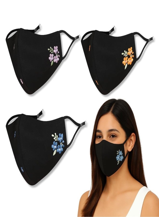 MASQ By Q-One Floral 4 Layer, Anti-Pollution Reusable, with Ear Adjusters,(BFE>99%) Embroidered Cotton Cloth Face Mask Combo for Women, Girls (,Black,Pack of 3) - Image 1