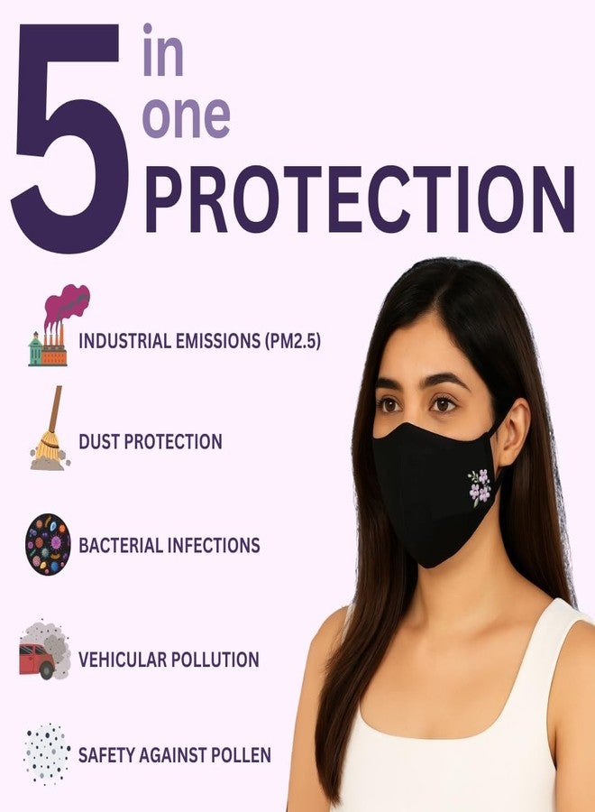 MASQ By Q-One Floral 4 Layer, Anti-Pollution Reusable, with Ear Adjusters,(BFE>99%) Embroidered Cotton Cloth Face Mask Combo for Women, Girls (,Black,Pack of 3) - Image 5