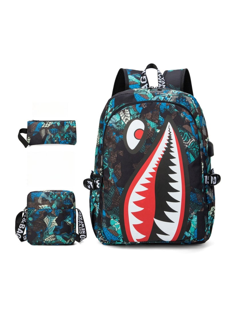 SKT Shiketro USB Charging Port Male Student Schoolbag Shark Personality Pattern Printed Backpack Large Capacity Lightweight Backpack 29*42*16CM + Pencil Case 22*11*1CM + Shoulder Bag 20*23*6CM