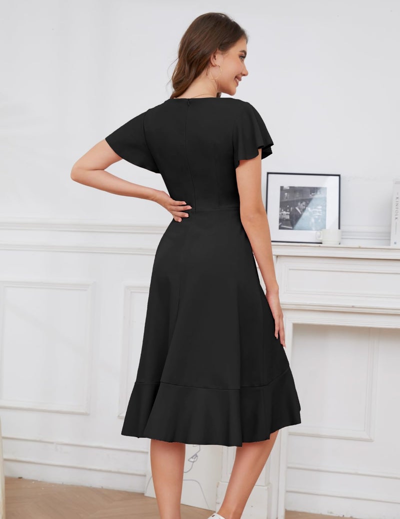 DRESSTELLS Black Cocktail Wedding Guest Dress for Women 2026 Formal Tea Party V Neck Wrap Bridesmaid Fit and Flare Prom Evening Funeral Graduation Dresses Black M - Image 3