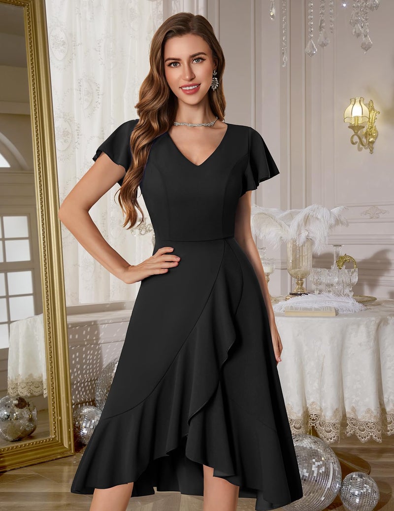 DRESSTELLS Black Cocktail Wedding Guest Dress for Women 2026 Formal Tea Party V Neck Wrap Bridesmaid Fit and Flare Prom Evening Funeral Graduation Dresses Black M - Image 2