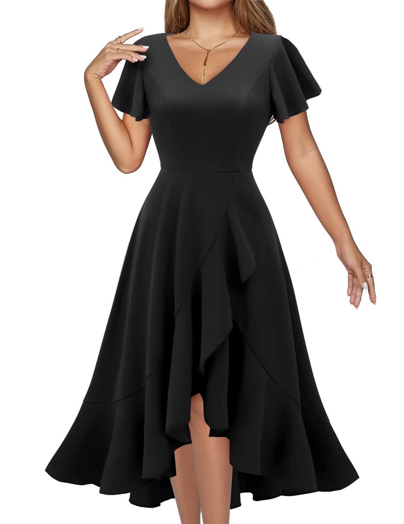 DRESSTELLS Black Cocktail Wedding Guest Dress for Women 2026 Formal Tea Party V Neck Wrap Bridesmaid Fit and Flare Prom Evening Funeral Graduation Dresses Black M - Image 1