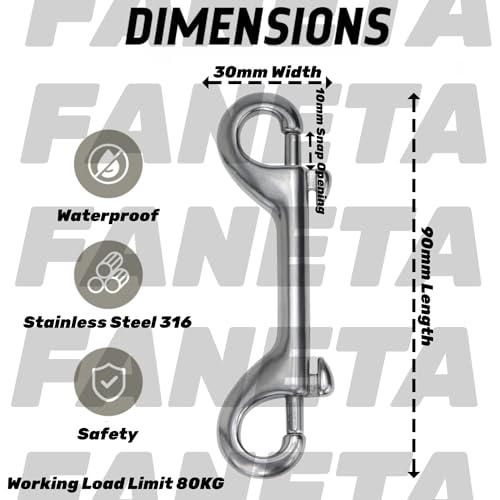 Faneta 316 Stainless Steel Double Ended Bolt Snap Hook, Marine Grade Double End Diving Clips, Heavy Duty Trigger Chain Clip Key Holder for Pet Feed Bucket Hammock Horse Tack (2-Pack) (90mm Silver) - Image 4