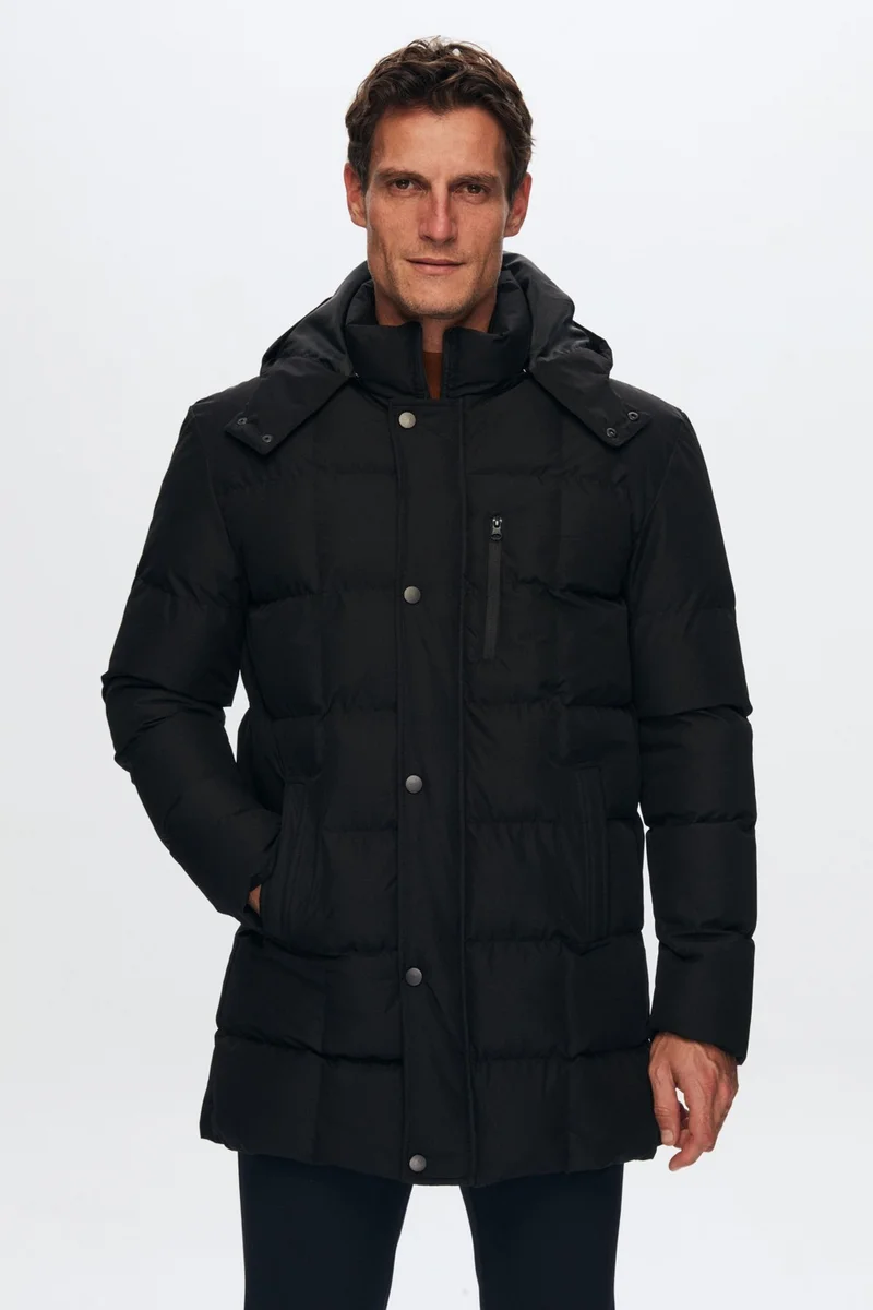 D'S DAMAT Regular Fit Black Windproof Water Repellent Fiber Filled Removable Hooded Winter Coat 1HF07ORT92475