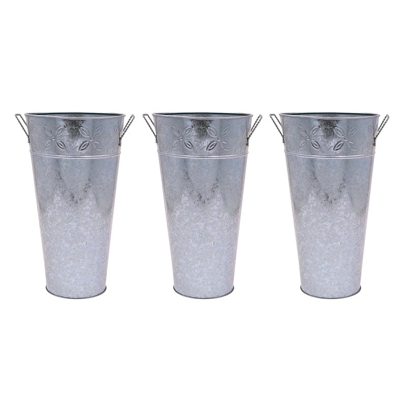 Hosley Set of 3 Galvanized Vases 6.5" Dia x 12" H Each French Bucket Design Ideal Gift for Wedding Special Events Aromatherapy Spa Reiki Meditation Settings O3 - Image 1