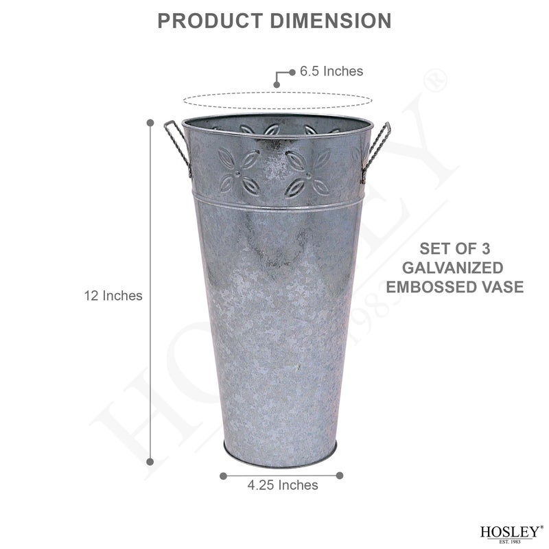 Hosley Set of 3 Galvanized Vases 6.5" Dia x 12" H Each French Bucket Design Ideal Gift for Wedding Special Events Aromatherapy Spa Reiki Meditation Settings O3 - Image 3