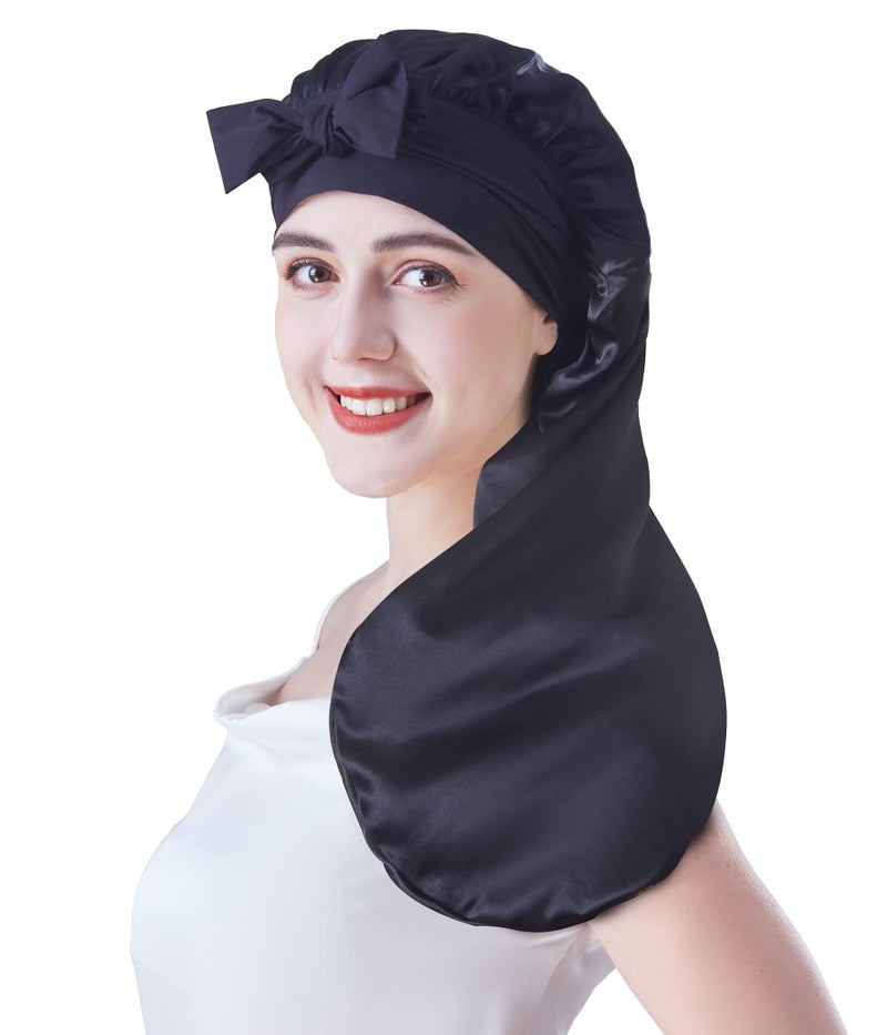 Cocheng Mulberry Silk Bonnet for Sleeping Curly Hair  Braids  Womens Silk Bonnet with Tie Band  Black