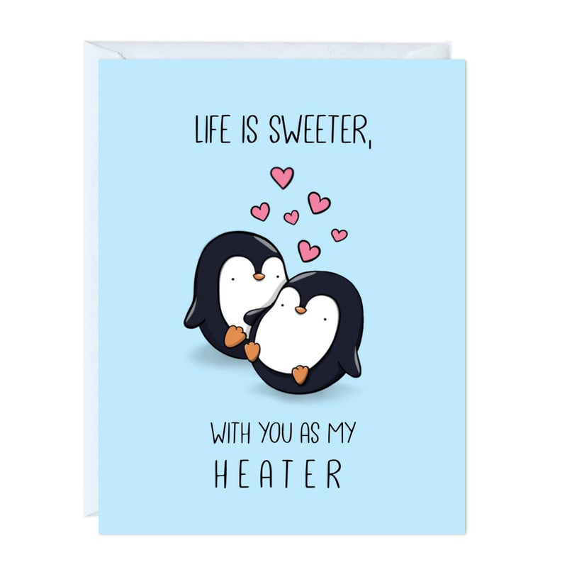 ALY LOU Anniversary Card for Boyfriend, Husband, Wife, Girlfriend - Cute Funny Birthday Card for Him Her - Punny Love Greeting Card Blank Inside (Life Is Sweeter With You As My Heater) - Image 1