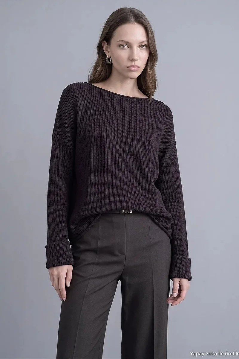 Dilvin Dark Mocha Brown DILVIN Women's Ribbed Boat Neck Knit Sweater for Women | Best Price UAE