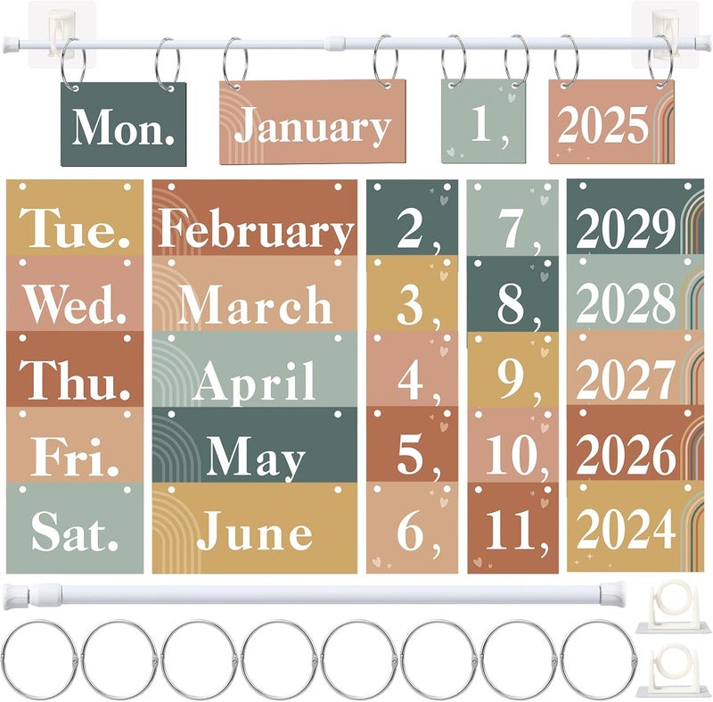 Containlol 56 Pcs Modern Boho Calendar Bulletin Board Set Rainbow Flip Calendar with Holder Boho Classroom Decoration Cards Adjustable Rod Holder with Orings for Back to School Supplies - Image 1