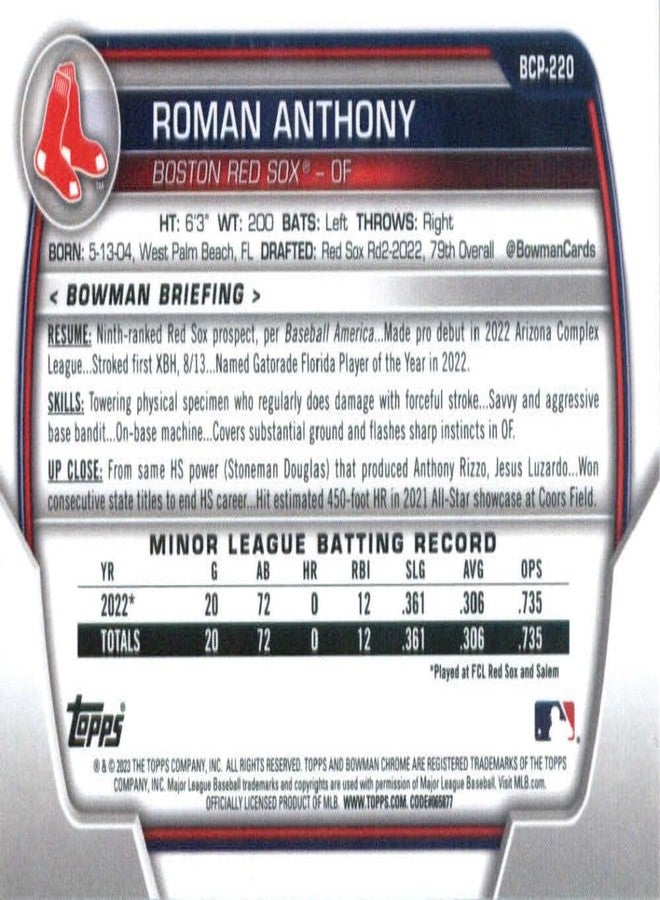 Topps Total 2023 Bowman Chrome Prospects Baseball #BCP-220 Roman Anthony Boston Red Sox Official MLB Trading Card (Stock Photo Shown, card in Near Mint to Mint Condition) - Image 2