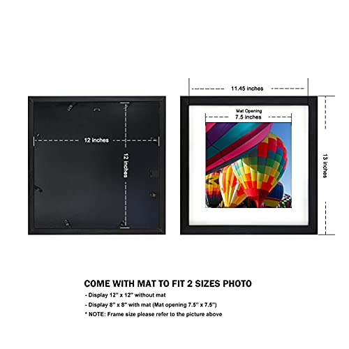 Luxdart 12x12 Frames Display 8x8 Photos with Mat or 12 x 12 Pictures without Mat Black Wooden Picture Wall Art for Wall Mounting(1 Pack) - Image 2