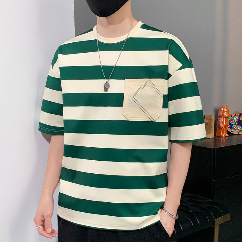 Striped T-Shirt Men'S Summer Trendy Casual Loose Trendy Brand Hong Kong Style Teenager Students Round Neck Short Sleeve Men'S T-Shirt - Image 1