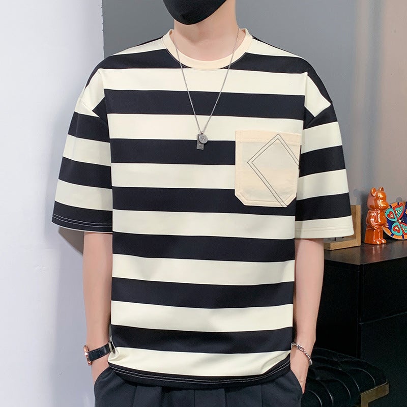 Striped T-Shirt Men'S Summer Trendy Casual Loose Trendy Brand Hong Kong Style Teenager Students Round Neck Short Sleeve Men'S T-Shirt - Image 4