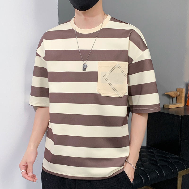 Striped T-Shirt Men'S Summer Trendy Casual Loose Trendy Brand Hong Kong Style Teenager Students Round Neck Short Sleeve Men'S T-Shirt - Image 5