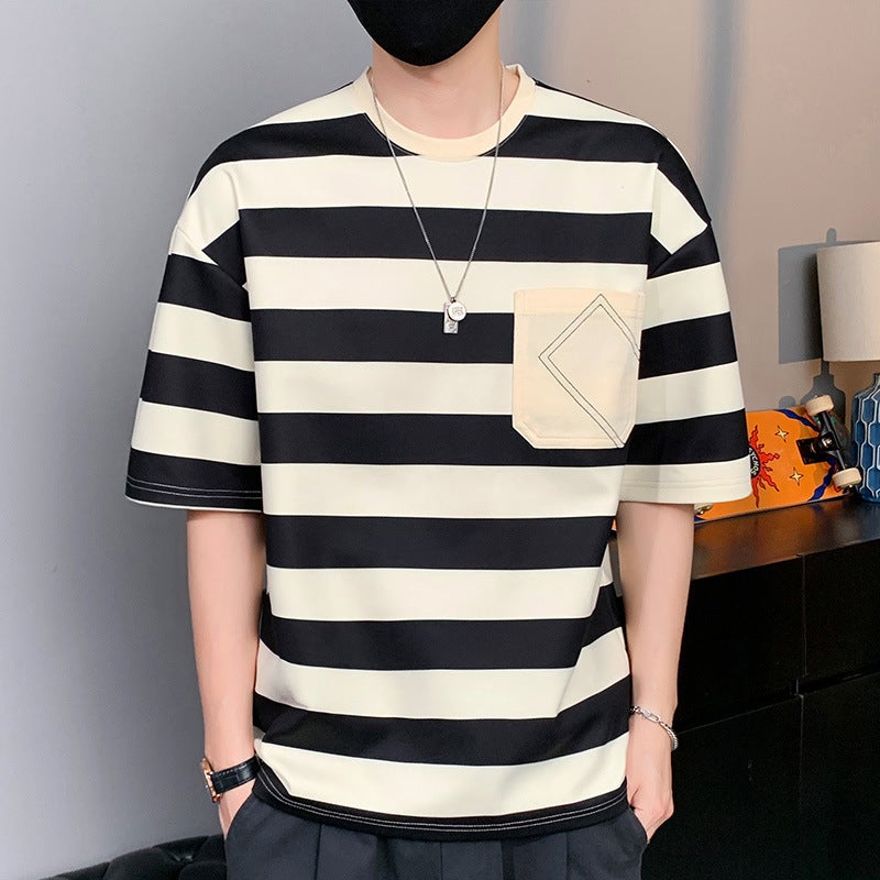 Striped T-Shirt Men'S Summer Trendy Casual Loose Trendy Brand Hong Kong Style Teenager Students Round Neck Short Sleeve Men'S T-Shirt - Image 2