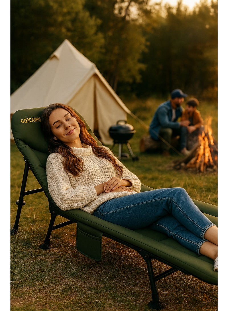 GO2CAMPS Premium Foldable Cushioned 8-Leg Camping Bed & Office Nap Cot â€“ Heavy Duty Portable Sleeping Cot with Thick Padded Mattress, Ergonomic Recliner Headrest, Side Storage Pocket, and Sturdy Steel Frame for Outdoor Camping, Travel, Guest Use, and Office Rest - Image 3