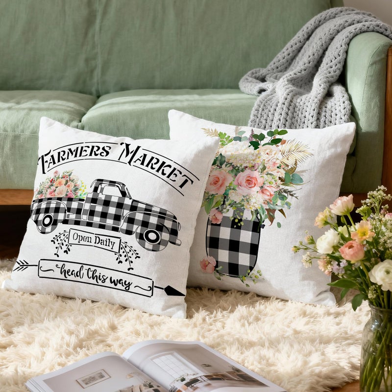 Hexagram Spring Summer Pillow Covers 18x18 Set of 4, Floral Outdoor Decorative Buffalo Plaid Throw Pillow Covers, Farmhouse Cushion Case for Couch Sofa Living Room Bedroom Indoor Decor(No Insert) - Image 2