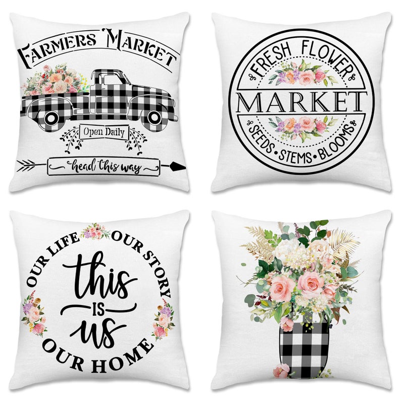 Hexagram Spring Summer Pillow Covers 18x18 Set of 4, Floral Outdoor Decorative Buffalo Plaid Throw Pillow Covers, Farmhouse Cushion Case for Couch Sofa Living Room Bedroom Indoor Decor(No Insert) - Image 1