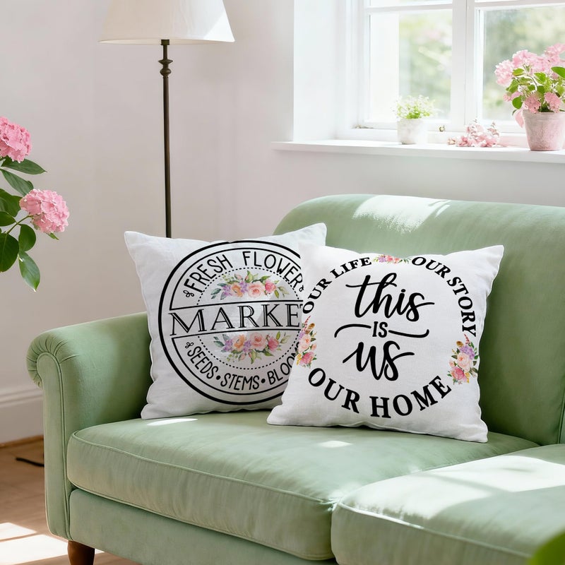 Hexagram Spring Summer Pillow Covers 18x18 Set of 4, Floral Outdoor Decorative Buffalo Plaid Throw Pillow Covers, Farmhouse Cushion Case for Couch Sofa Living Room Bedroom Indoor Decor(No Insert) - Image 3