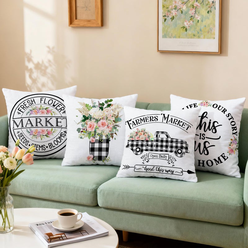 Hexagram Spring Summer Pillow Covers 18x18 Set of 4, Floral Outdoor Decorative Buffalo Plaid Throw Pillow Covers, Farmhouse Cushion Case for Couch Sofa Living Room Bedroom Indoor Decor(No Insert) - Image 5