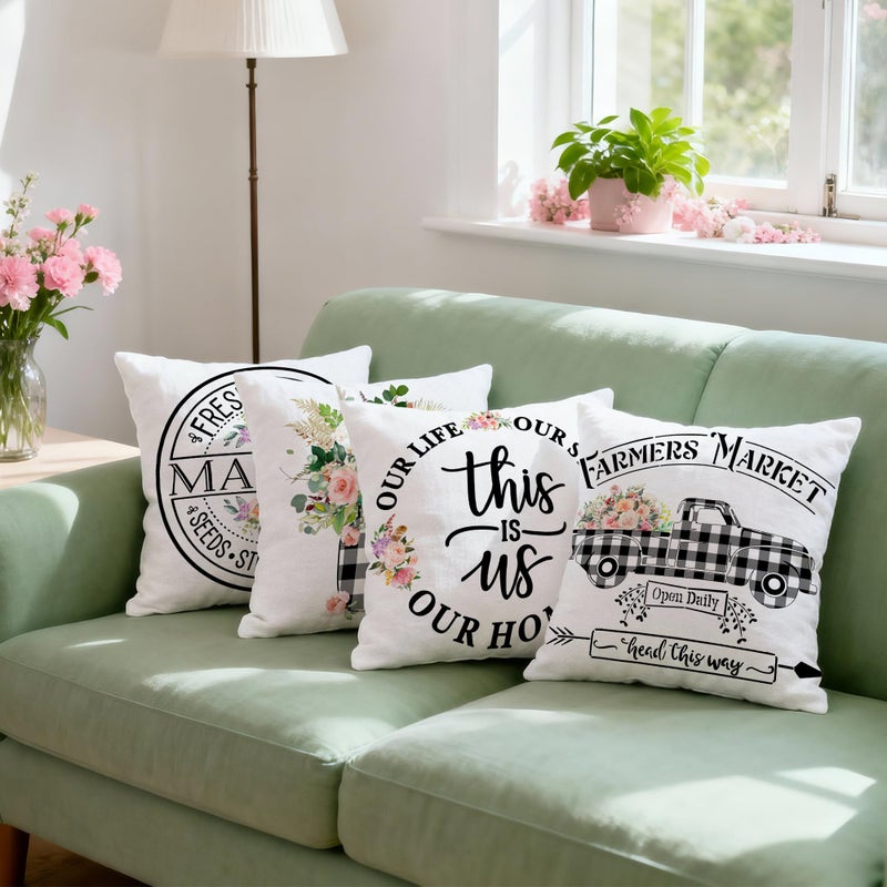 Hexagram Spring Summer Pillow Covers 18x18 Set of 4, Floral Outdoor Decorative Buffalo Plaid Throw Pillow Covers, Farmhouse Cushion Case for Couch Sofa Living Room Bedroom Indoor Decor(No Insert) - Image 4