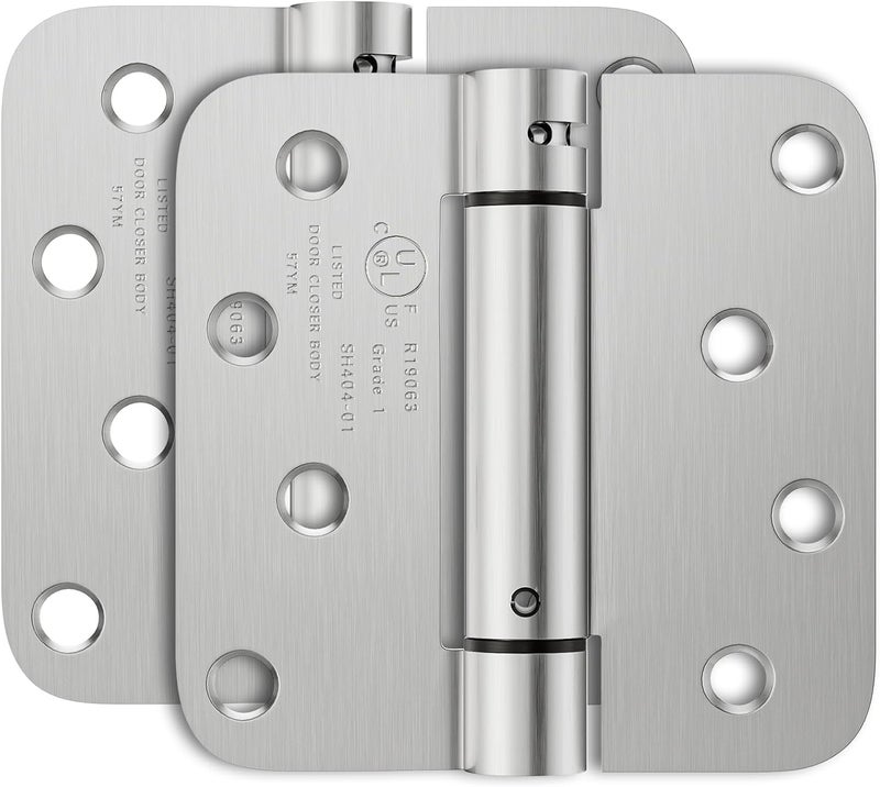 Bubxo 2 Pack Self Closing Door Hinges, 4 Inch Spring Loaded Door Hinges with 5/8'' Radius Corners, Adjustable Tension for Garage, Front, Back Door, UL Listed, Left and Right Hand, Brushed Nickel - Image 1