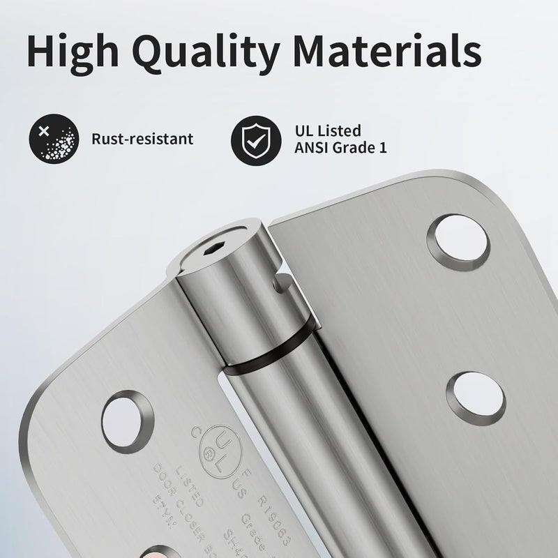 Bubxo 2 Pack Self Closing Door Hinges, 4 Inch Spring Loaded Door Hinges with 5/8'' Radius Corners, Adjustable Tension for Garage, Front, Back Door, UL Listed, Left and Right Hand, Brushed Nickel - Image 3