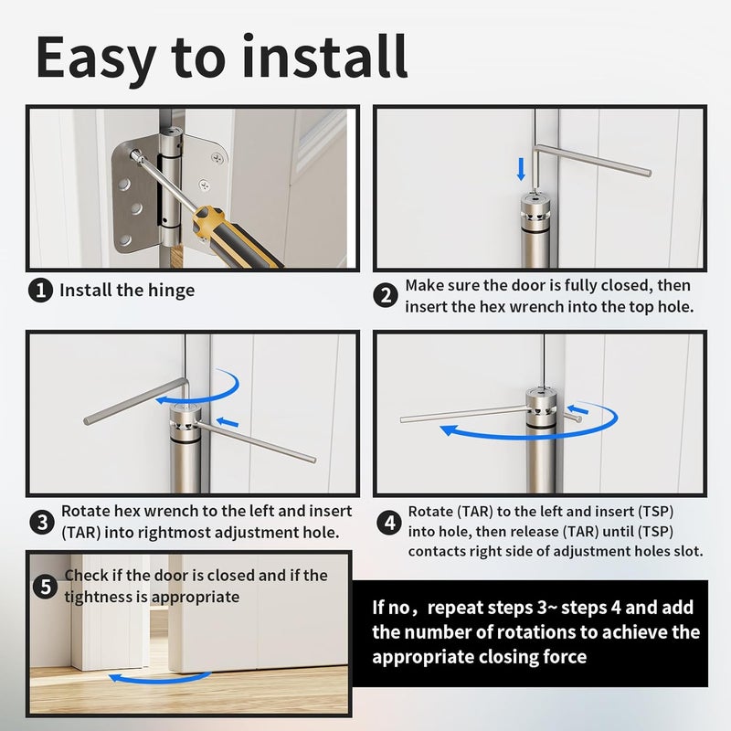 Bubxo 2 Pack Self Closing Door Hinges, 4 Inch Spring Loaded Door Hinges with 5/8'' Radius Corners, Adjustable Tension for Garage, Front, Back Door, UL Listed, Left and Right Hand, Brushed Nickel - Image 5
