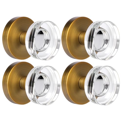 naubea 4 Pack Antique Brass Door Knob Dummy Door Knobs Crystal Door Knobs Interior Old Style Door Knob Round Glass Door Knob Antique Door Handle for Pantry Closet Bifold Door Knob - Image 1