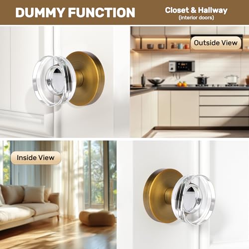 naubea 4 Pack Antique Brass Door Knob Dummy Door Knobs Crystal Door Knobs Interior Old Style Door Knob Round Glass Door Knob Antique Door Handle for Pantry Closet Bifold Door Knob - Image 3