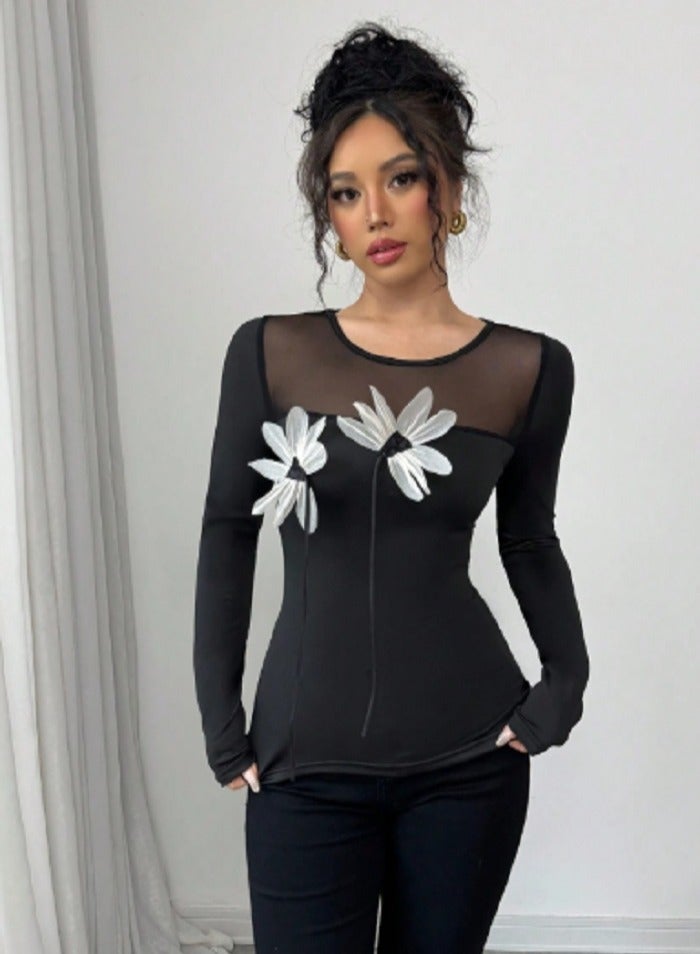 Shein Rafferiza Ladies' Black Long Sleeve T-Shirt With 3D Floral Mesh Inserts - Image 1