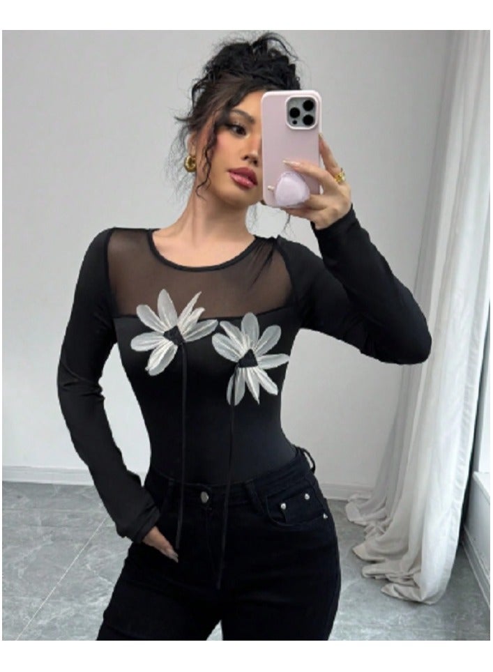 Shein Rafferiza Ladies' Black Long Sleeve T-Shirt With 3D Floral Mesh Inserts - Image 4