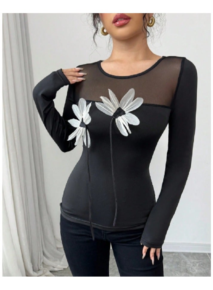 Shein Rafferiza Ladies' Black Long Sleeve T-Shirt With 3D Floral Mesh Inserts - Image 5