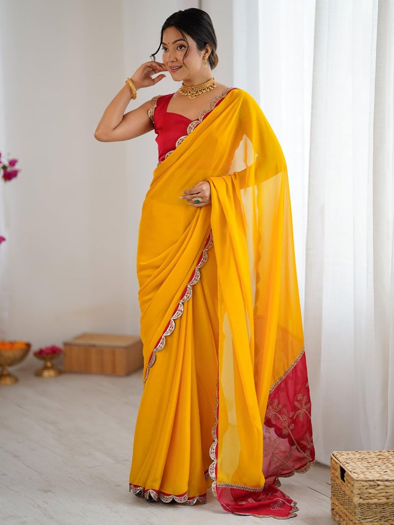 SAREE MALL Women's Yellow Georgette Embellished Saree With Unstitched Blouse Piece(GOPI4502_RX) - Image 3