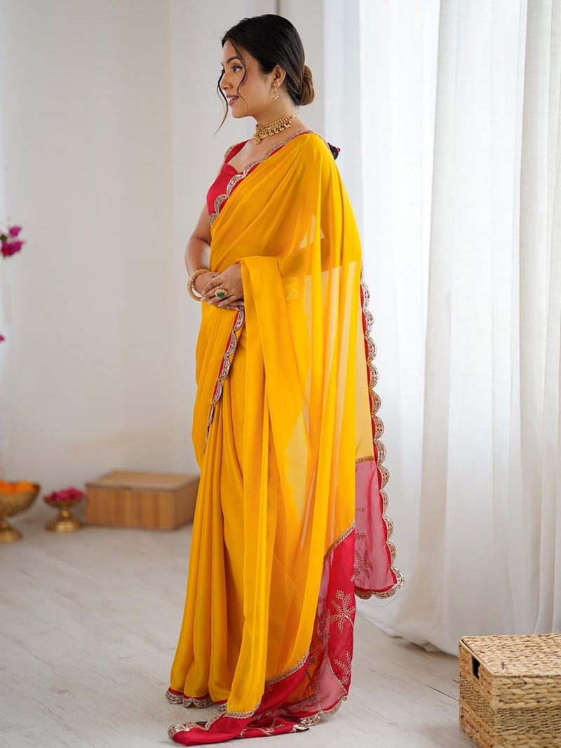 SAREE MALL Women's Yellow Georgette Embellished Saree With Unstitched Blouse Piece(GOPI4502_RX) - Image 4